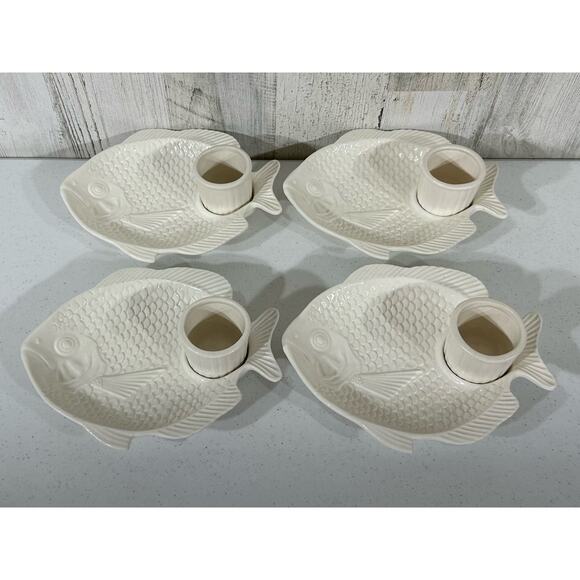 Vintage Fish Ceramic Pottery Set of 4 Appetizer Snack Plates and Dip Bowls Japan
